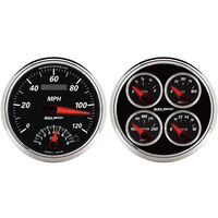 Auto Meter Gauge Kit Designer Black II Quad Fuel Level Volts Oil Pressure Water Temperature & Tachometer/Speedometer 5 in. Analog Set of 2 AMT-1204