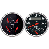 Auto Meter Gauge Kit Designer Black Quad Fuel Level Volts Oil Pressure Water Temperature & Tachometer/Speedometer 3 3/8 in. Analog Set of 2 AMT-1409