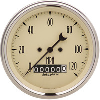 Auto Meter Gauge Antique Beige Speedometer 3 3/8 in. 120mph Electric Programmable w/ Wheel Odemeter Analog Each AMT-1879