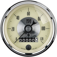 Auto Meter Gauge Prestige Speedometer 3 3/8 in. 120mph Electric Programmable W/Wheel Odemeter Antique Ivory Analog Each AMT-2089