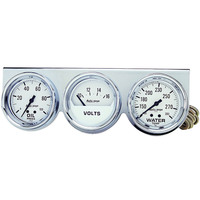 Auto Meter Gauge Console Autogage Oil Pressure/Water Temp./Volt 2 5/8 in. 100psi/280 Degrees F/16V White Dial Chrome Bezel Kit AMT-2329