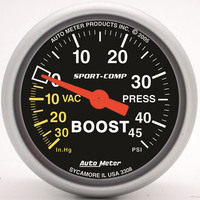 Auto Meter Gauge Sport-Comp Vacuum/Boost 2 1/16 in. 30 in. Hg/45psi Mechanical Analog Each AMT-3308