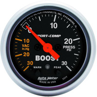 Auto Meter Gauge Sport-Comp Vacuum/Boost 2 1/16 in. 30 in. Hg/30psi Stepper Motor W/Peak & Warn Analog Each AMT-3377