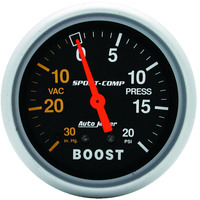 Auto Meter Gauge Sport-Comp Vacuum/Boost 2 5/8 in. 30 in. Hg/20psi Mechanical Analog Each AMT-3401