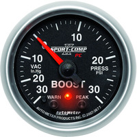 Auto Meter Gauge Sport-Comp II Vacuum/Boost 2 1/16 in. 30 in. Hg/30psi Stepper Motor W/Peak & Warn Analog Each AMT-3677