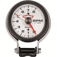 Auto Meter Gauge Bowtie White Tachometer 3 3/4 in. 0-8K RPM Pedestal w/ Red LINE GM Analog Each AMT-5780-00406