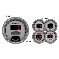 Auto Meter Gauge Kit Speedometer Ultra-Lite 3 3/8 in. & 2 1/16 in. Electrical Digital Silver w/ Red LED Digital Set of 5 AMT-6500