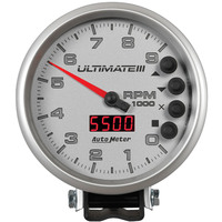 Auto Meter Gauge Ultimate III Tachometer 5 in. 0-9k RPM Pedestal Datalogging Silver Analog Each AMT-6882