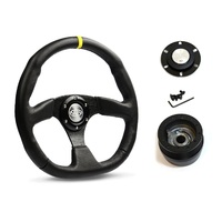 SAAS Steering Wheel Leather 14" ADR Black Flat Bottom + Indicator D1-SWB-F2 and SAAS boss kit for Flaming River GM Style Aftermarket Steering Columns 