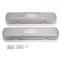 Edelbrock Valve Covers Classic Low-profile Cast Aluminium Natural Ribbed Top with Logo For Pontiac V8 Pair EB41309