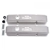 Edelbrock Valve Covers Stock Height Cast Aluminium Natural Ribbed Top with Logo For Chevrolet Small Block Pair EB41439