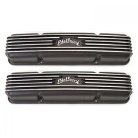 Edelbrock Valve Covers Classic Series Stock Height Aluminium Black Finned Logo For Chevrolet Small Block Pair EB41453