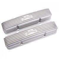 Edelbrock Valve Covers Classic Stock Height Aluminium Satin Finned Logo Small Block For Chevrolet Pair EB41459