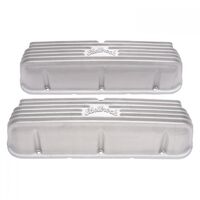 Edelbrock Valve Covers Classic Cast Aluminium Natural Ribbed Top with Logo For Ford Small Block Windsor Pair EB41609