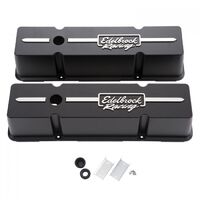 Edelbrock Valve Covers Die-Cast Aluminium Tall Black Powdercoated Racing Logo For Chevrolet Small Block Pair EB41643