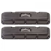 Edelbrock Valve Covers Classic Series Stock Cast Aluminium Black Powdercoated Finned Logo AMC Pair EB41993