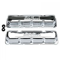 Edelbrock Valve Covers Signature Series Stock Height Steel Chrome Logo AMC V8 Pair EB4431