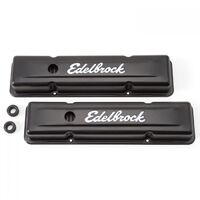 Edelbrock Valve Covers Signature Series Stock Height Steel Black Logo For Chevrolet Small Block Pair EB4443