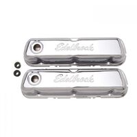 Edelbrock Valve Covers Signature Series Stock Height Steel Chrome Logo For Ford Small Block Pair EB4460