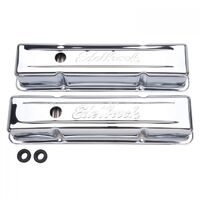 Edelbrock Valve Covers Signature Series Tall Steel Chrome Logo For Chevrolet Small Block Pair EB4649