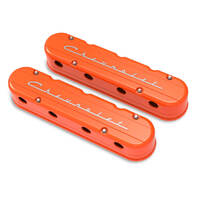 Holley Valve Cover Chevrolet Script 3.75 in. Height GM LS Engines Cast Aluminum Factory Orange Pair HL241-178