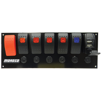 Moroso Flat Surface Mount Switch Panel, 3.388" x 9.150" Includes Momentary Starter Switch With 5 Accessory Switches, Circuit Breakers & 2 USB Ports