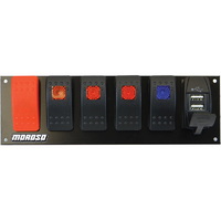 Moroso Flat Surface Mount Switch Panel, 2.488" x 7.855" Includes Momentary Starter Switch With 4 Accessory Switches & 2 USB Ports