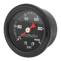 Proflow Fuel Pressure Gauge 0-100PSI, Stainless Steel, Black Body/Black Face Liquid Filled 40mm, Each