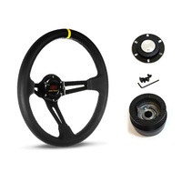 SAAS Steering Wheel Leather 14" ADR Deep Dish Black Slotted + Indicator SWE2 and SAAS boss kit for Ford Laser All Models 1981-1994