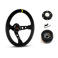 SAAS Steering Wheel Suede 14" ADR GT Deep Dish Black With Holes + Indicator SWGT1 and SAAS boss kit for Ford F100 F150 F250 F350 Bronco 1981-1991