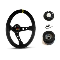 SAAS Steering Wheel Suede 14" ADR GT Deep Dish Black With Holes + Indicator SWGT1 and SAAS billet boss kit for Ford Falcon BA BF 2002-2008