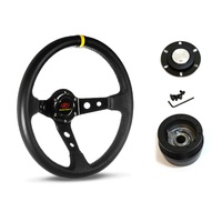 SAAS Steering Wheel Leather 14" ADR GT Deep Dish Black With Holes + Indicat SWGT2 and SAAS boss kit for Ford F100 F150 F250 F350 Bronco 1981-1991